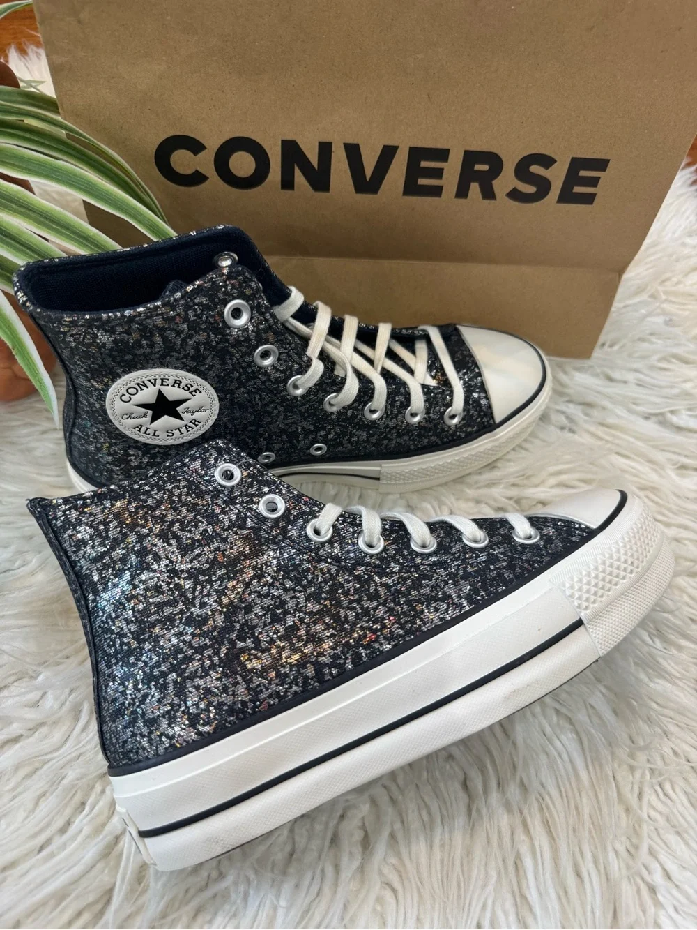 New🌿Converse High Top Sneakers in Black Glitter Multicolor Sparkle